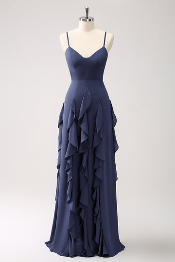 Vestido de dama de honor con tirantes de espagueti azul oscuro de línea A con volantes